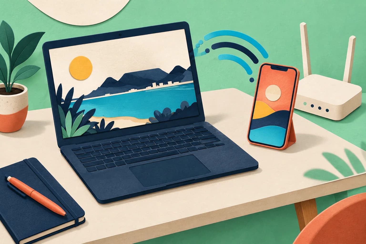 Illustration of a laptop, mobile phone and wireless router connected by signal arcs on a mint background.