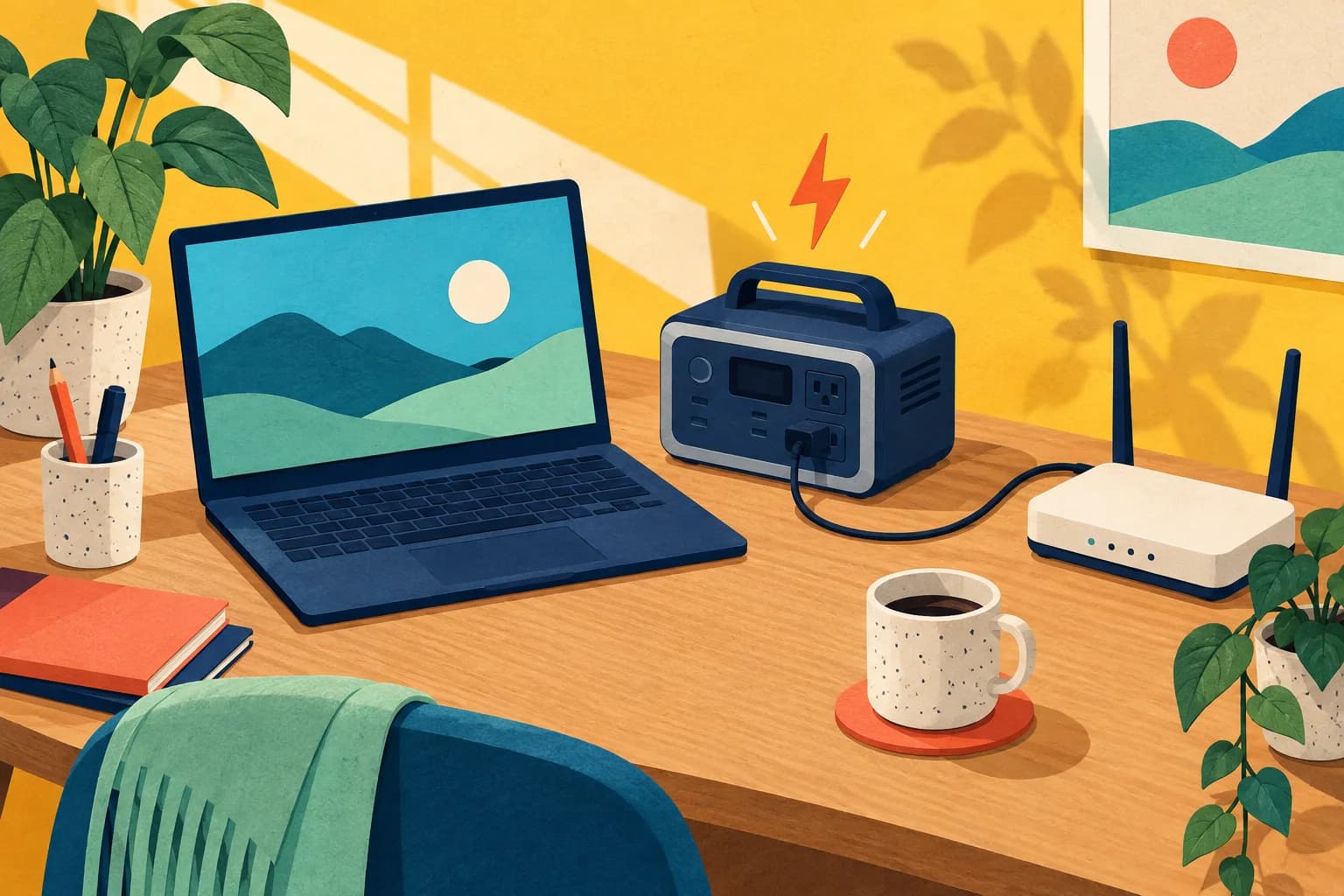 Illustration of a laptop, Wi-Fi router and portable battery on a warm yellow background.