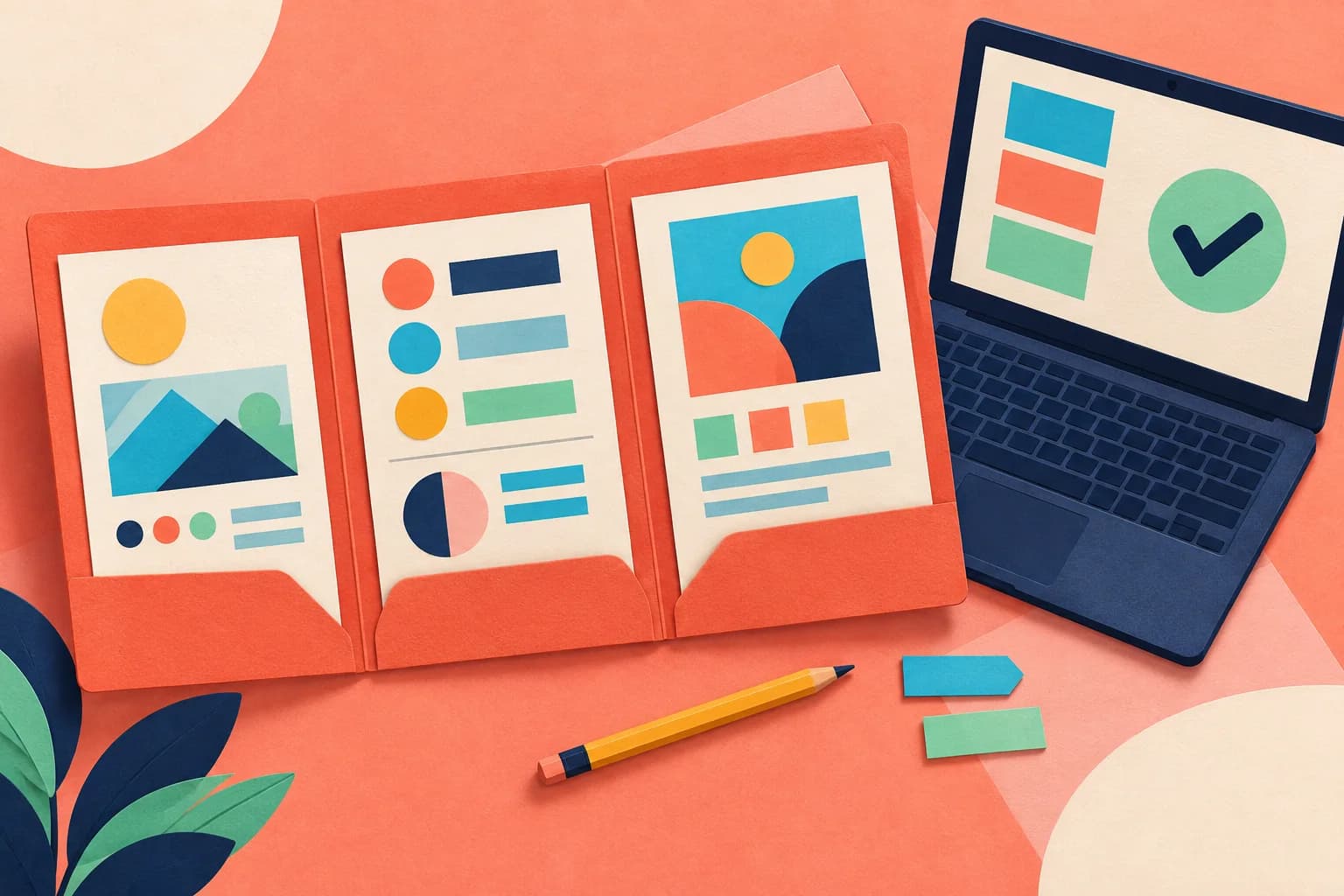 Illustration of a portfolio folder, organised practice documents and a laptop with a check mark.