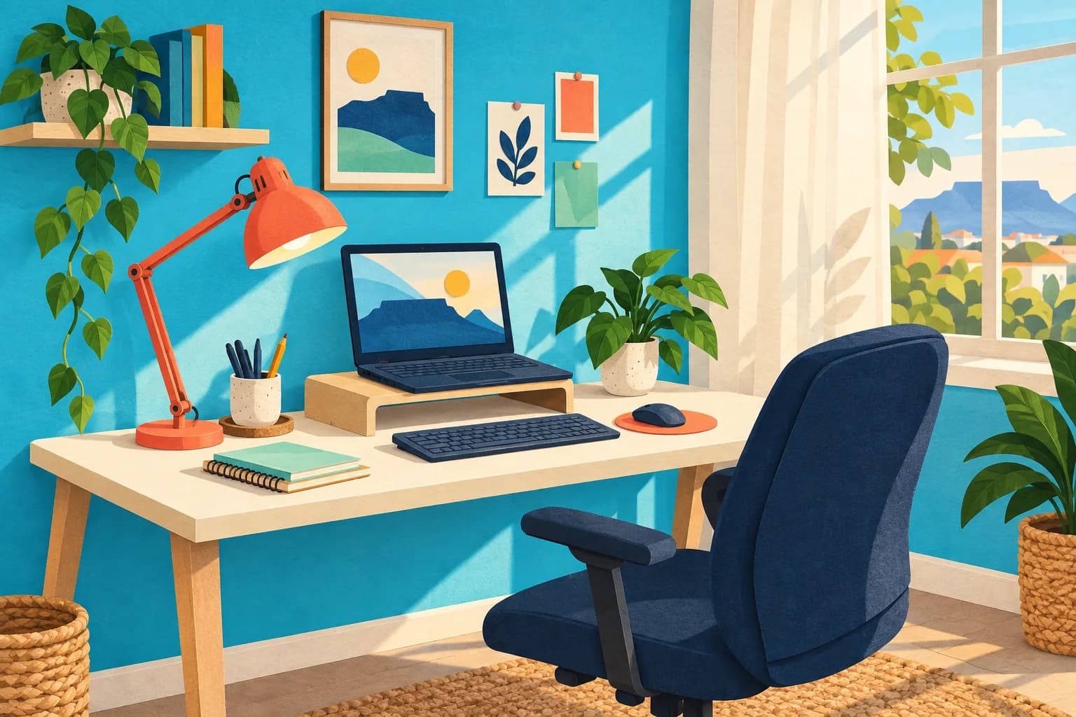Illustration of a modest home desk with a laptop, separate keyboard, lamp, chair and plant.